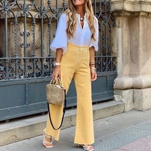 Zara Yellow Marine Straight Raw Hem Jeans